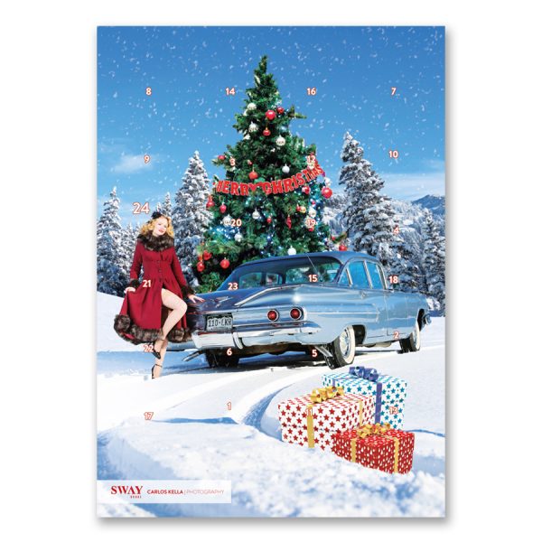 Der Carlos Kella Schokoladen-Adventskalender 2018 mit Vollmilchschokolade im Set mit Passender Weihnachtskarte mit Cars & Girls-Motiv.