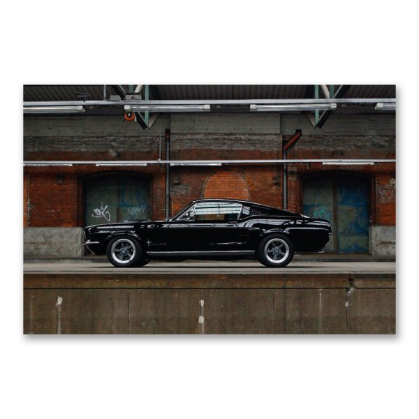 Grossdruck "Most Wanted Pony" auf Aludibond. Mucle Car Fotografie von Carlos Kella im Format 150 x 100 cm mit Wandaufhängungen: Ford Mustang Fastback S-Code von 1967
