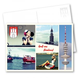 Postkarte Gruss aus Hamburg Marlene: Hamburg Postkarte im Vintage-Look mit individuellen Stadtansichten und maritimen Pin-up-Motiven. Fotos: Carlos Kella