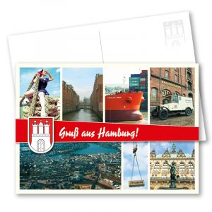Postkarte Hamburg Speicherstadt: Hamburg Postkarte im Vintage-Look mit individuellen Stadtansichten, der Speicherstadt, einer Luftbildaufanahme und einem maritimen Pin-up-Motiv. Fotos. Carlos Kella