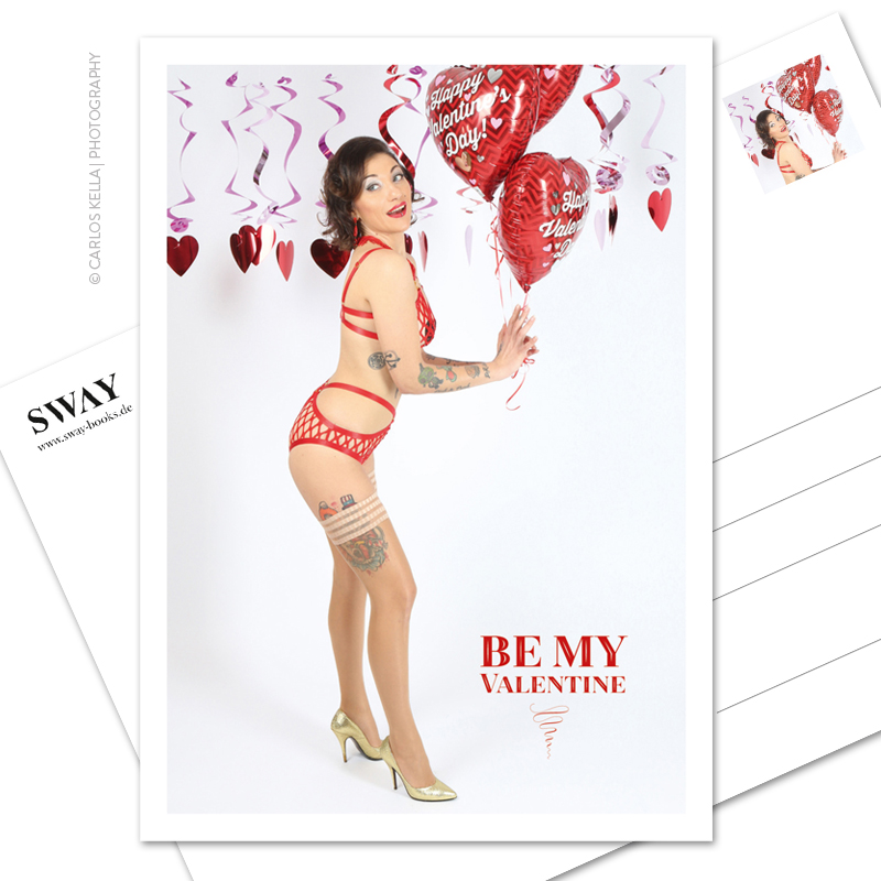 Postkarte "Be my Valentine" – Der Valentinsgruß in PostkartenformModel: Burlesque-Perfomer Artisia Starlight, Foto: Carlos Kella