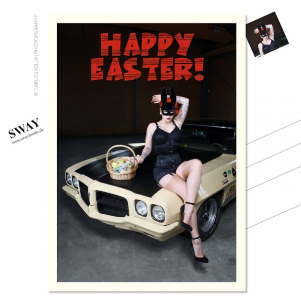 Postkarte "Happy Easter!" – Der Cars and Girls-Ostergruß in Postkartenform. Burlesque-Perfomer Tronicat La Miez und ein Pontiac Le Mans, 1972 Foto: Carlos Kella
