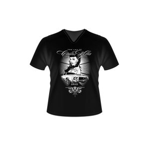 THE ART OF CARLOS KELLA Fanshirt für Ladies, Damen T-Shirt mit V-Ausschnitt in der Farbe schwarz mit einfarbigem Siebdruck. 100 % Organische Baumwolle