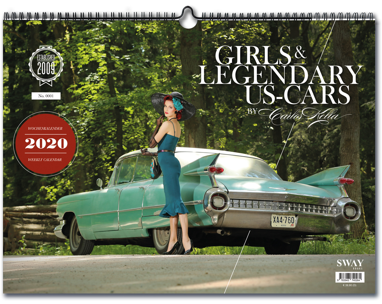 Girls & legendary US-Cars 2020 Wochenkalender von Carlos Kella mit 53 Kalenderblättern. Auf dem Titel: Pin-up-Model Miss Stacey aus Slowenien und ein 1959er Cadillac Sedan DeVille.