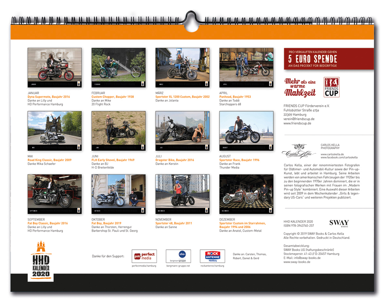 Der HHD 2020 Kalender: Ein Monatskalender mit 12 Harley-Enthusiasten und ihren Maschinen in Szene gesetzt von Carlos Kella