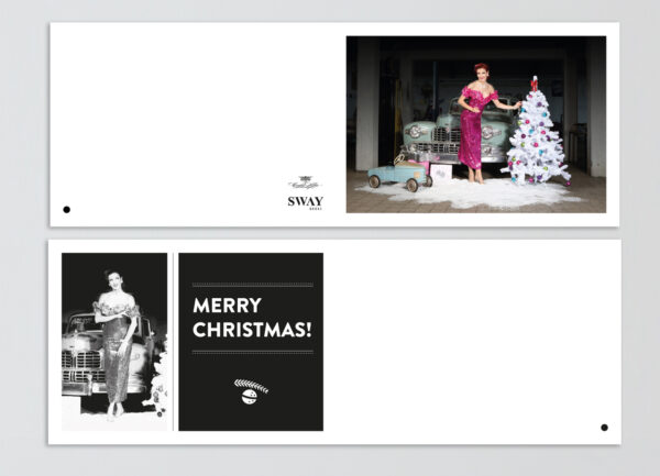 Weihnachts-Klappkarte "Sara" mit cremefarbenem Umschlag: MERRY CHRISTMAS! Kalendermodel Miss Stacey und ein Lincoln Continental von 1948.