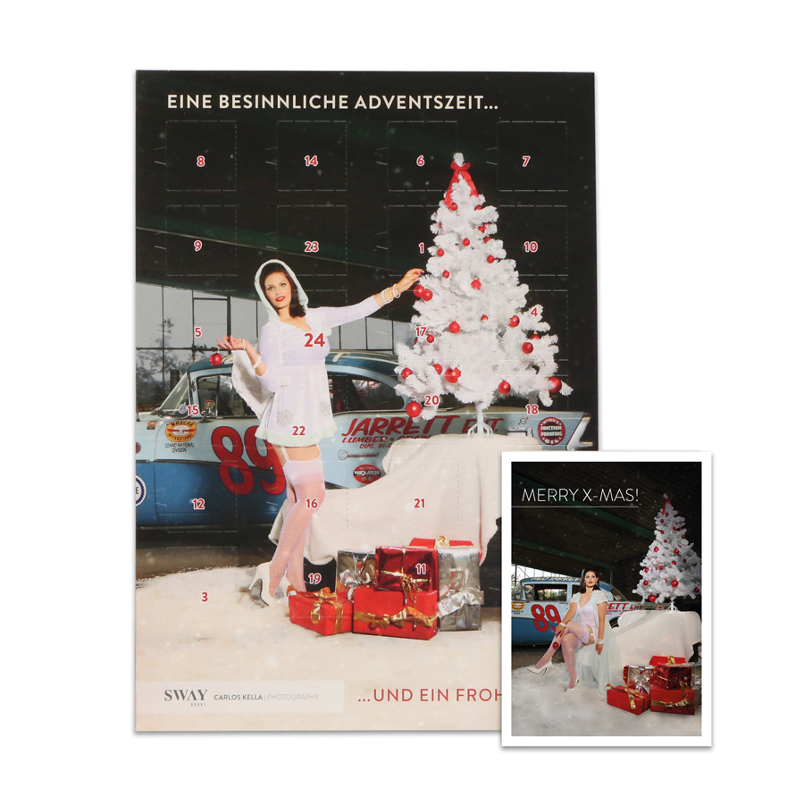 Der Carlos Kella Schokoladen-Adventskalender 2020 mit Vollmilchschokolade im Set mit Passender Weihnachtskarte mit Cars & Girls-Motiv.