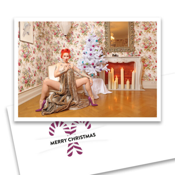 Weihnachts-Klappkarte "Tronicat" mit Umschlag: Perlmutt-Weihnachtskarte mit einem Modern Pin-up Motiv mit Umschlag im Format DIN C 6.